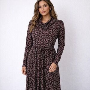 Vtg Lily Dress M Black Circle Print Cowl Neck Belted Stretch 90s Y2K Retro Gaudy